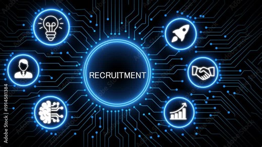 A glowing neon recruitment concept surrounded by smaller icons for ai and manufacturing process management all connected in a digital circuit like pattern, manufacturing planning,