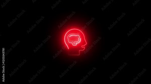 glowing neon human head with brain icon animation with black background. Neon Brain Icon, Glowing Human Intelligence Profile, Futuristic AI Neural Network,