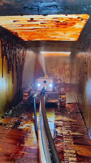 Robot cleaning thick grease buildup from a restaurant kitchen extractor duct