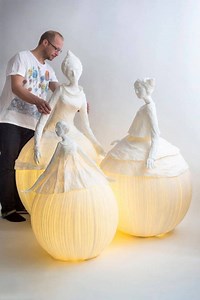 Papier-Mâché Lamp Sculptures by S. Mouton-Perrat & F. Guibrunet... Artists Without Borders For nearly 10 years, Sophie Mouton-Perrat and Frédéric Guibrunet have combined soft lighting with delicate paper craft to create ethereal sculptures. Working under the name Papier à êtres, the duo uses the papier mâché technique to construct life-sized women clad in elegant, billowing gowns that double as lamps. | Artists Without Borders