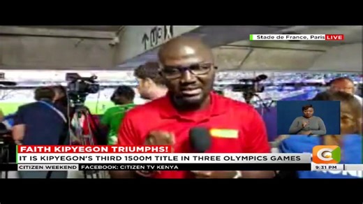 Faith Kipyegon triumphs! Faith Kipyegon wins 1500M Olympics Gold It is Kenya’s fourth gold medal in Paris It is Kipyegon’s third 1500M title in three Olympics games Kipyegon breaks Olympic record in 3:51.29 #CitizenWeekend Olive Burrows | Citizen TV Kenya