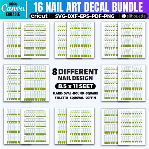 Nail Art Decal Template Bundle: 8 Shapes, 16 Sizes (SVG, PNG, PDF) Canva Editable - Etsy
