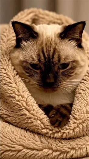cute cat wrapped in comfy towel