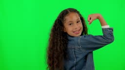 Girl child, strong muscle and green screen with face, flex and mockup...