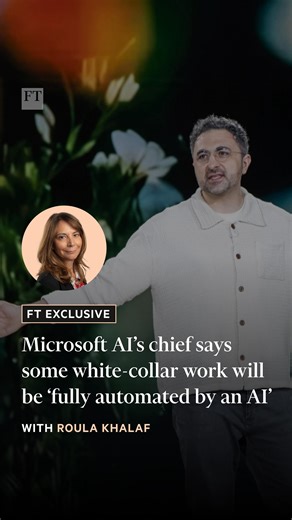Financial Times on Instagram: "Is there a difference between super-intelligence and artificial general intelligence? CEO of Microsoft AI Mustafa Suleyman joins FT editor Roula Khalaf to reveal which term he prefers and explains why most of the tasks accountants, lawyers and other professionals currently undertake will be fully automated by AI within the next 12 to 18 months.⁠ ⁠ Tap the link in our bio to watch the full video and read more."