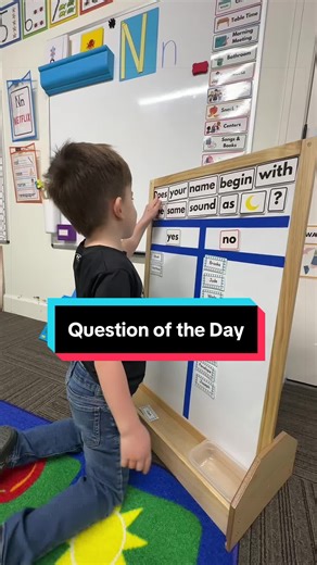 This is my question of the day, and right now we’re focusing on beginning sounds. The question is: “Does your name begin with the same sound as…?” and I change out the picture card each day. I make sure to include sounds that match different children in our class so everyone gets a turn to connect their name. I also love using this for rhyming. If the card says “cat,” I’ll swap in the first letter of a child’s name and ask if that’s their name, then we say both words together and listen to how t