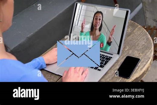 Animation of email icon over caucasian woman on laptop video call. Global social media, business, technology, data processing and digital interface concept digitally generated video Stock Video Footage - Alamy