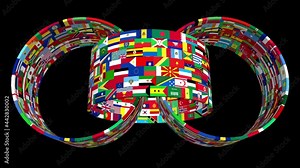 3D animated rotating flags of all countries of the world. All flags of the world rotate in one collage at the same time in the form of rings. 3D video footage for show and animation.