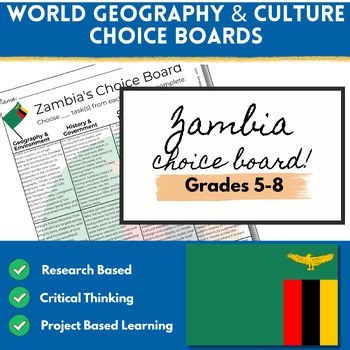 Zambia Country Study Choice Board|5-8 History Geography Research Project PBL GT