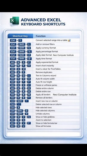 Excel important Shortcut key's #2026shortcuts #lifestyle #education #computer #realestate #localbusiness #ExclusiveDeals #keyboard #Excel | NECI Computer Institute