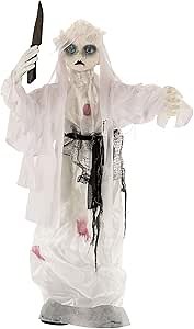 Animated Standing 30" White Ghost Ghoul Zombie Bride with Moving Knife Slashing Arm Prop Decoration - Fake Knife Slash Motion, Blue Eyes - Haunted House, Graveyard Entryway Display