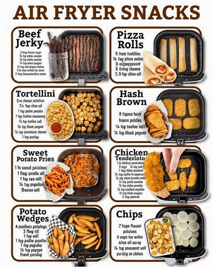 Crispy, quick, and totally crave-worthy 😋✨ These Air Fryer Snacks come together in minutes — perfect for movie nights, game days, or anytime munchies hit! 🍿🔥 Ingredients 1. Beef Jerky 1 pound beef sirloin tip steak, thinly sliced (cut into ¼-inch thick strips) ¼ cup low-sodium soy sauce 2 tablespoons Worcestershire sauce 3 tablespoons brown sugar ½ teaspoon garlic powder ½ teaspoon onion powder ¼ teaspoon black pepper ¼ teaspoon red pepper flakes 2. Pizza Rolls 8 soft taco-size flour tortilla