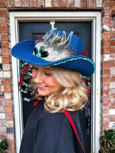Denim Western Boho Hat: Feathers and Turquoise Band - Etsy
