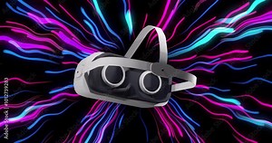 Animation of vr headset over light trails of data transfer