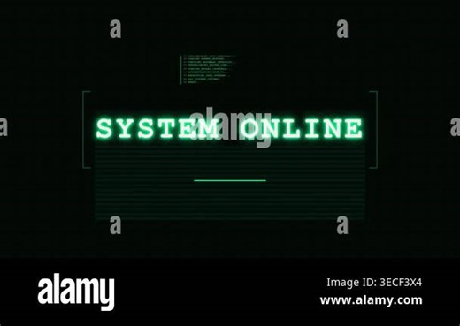 Digital interface screen displaying SYSTEM ONLINE text with retro computer terminal green code and grid overlay Stock Video Footage - Alamy