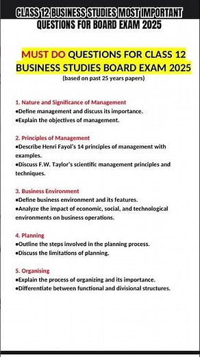 CLASS 12 Most Important Questions of Business Studies CBSE Board Exam 2025 #businessstudies #leak