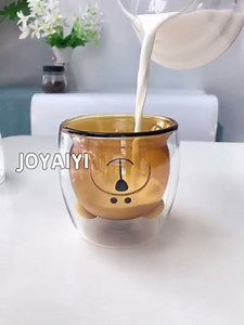 Set of 2 (8 oz 250 ml) Glass Bear Mugs,Double Wall Insulated Cute Kids Milk Cups Drinking Glasses For Tea/Coffee/Latte/Cappucino/Cafe, Clear (Brown Bear Set of 2)