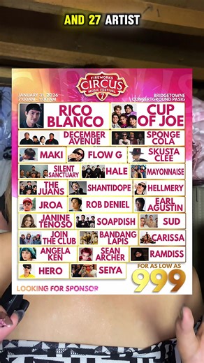 Fireworks Circus Music Festival 7 🎶 📍 Bridgetowne Concert Grounds, Pasig City 🗓 Jan 31, 2026 | ⏰ 7AM – 1:00AM Meet, have fun, and sing along LIVE with your favorite artists 🎤✨ Perfect for friends, family, or loved ones 💖 🎟 Tickets available now: • Gold – ₱999 • Platinum Early Bird – ₱2,999 💥 Get ₱1,000 OFF using promo code FCM71000 ⚠️ Super limited lang! Kaya buy na before maubos 👀 See you guys there let’s have fun together! 🎉🎆 #fireworkscircusmusicfest2026 #circusmusicfestival7 #firew