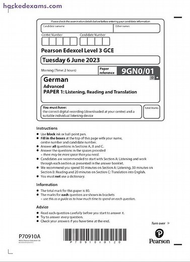 PEARSON EDEXCEL A LEVEL GERMAN PAPER 1 2023 (9GN0/01: Listening, Reading And Translation)