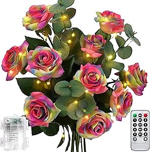 FiveSeasonStuff 10 Rainbow Roses Bouquet with Twinkling LED Lights: Illuminate Your Moments Floral