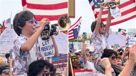 ‘Goosebumps’ as young boy plays Star-Spangled Banner on his trumpet at San Diego protest