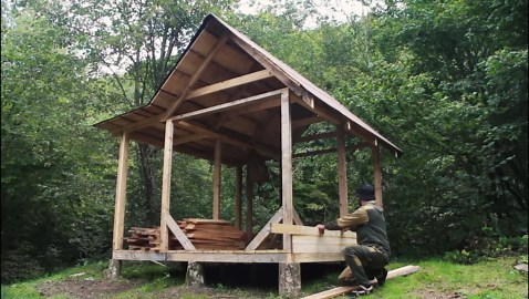 Building a warm wooden cabin off grid | Forest life project