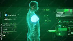 Digital Medical Scan of a Human Body With Data on Green Virtual Display Generative AI