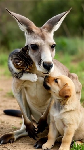 When a Kangaroo Meets a Kitten and Puppy — An Adorable Friendship Begins 🦘🐱🐶✨ #cute