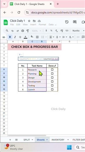 Progress Bar x Checkbox #excel #spreadsheet #googlesheets #exceltips #shorts