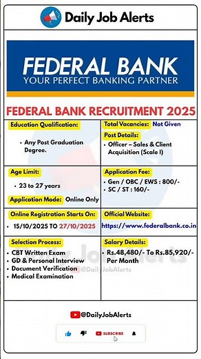 Federal Bank Recruitment 2025 | New Vacancy 2025 | Daily Job Alerts #shorts