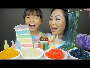 Rainbow Cheese Cake, Popping Boba, Giant Jelly Noodles & FOOD Candy Mukbang | N.E Let's Eat