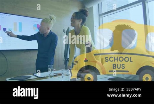 Animation of school bus icon over diverse business people in office. Global business and digital interface concept digitally generated video Stock Video Footage - Alamy