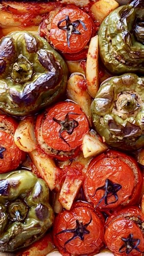 Mary Politis on Instagram: "Lenten Gemista - this dish stands out as a quintessential example of Greek comfort food (and it’s my fav!). This traditional dish, which translates to “stuffed” in Greek, features an array of vegetables stuffed with a flavourful mixture of rice, herbs, feta cheese, and sometimes minced meat, then baked to perfection. Whether served in the summer with fresh tomatoes and peppers or in the colder months with hearty zuchini and eggplant, Gemista embodies the essence of Gr