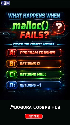malloc() Failed? 90% C Programmers Get This Wrong! 😱 | C Quiz: What Does malloc() Return on Failure? Think you know C programming? 🤔 What really happens when malloc() fails? Many beginners (and even intermediate programmers) get this wrong in interviews! In this short, you’ll learn: ✔ What malloc() actually returns on failure ✔ Why checking for NULL is important ✔ How to avoid memory-related bugs Perfect for: • C programming beginners • Coding interview preparation • Computer science students 