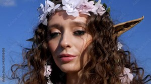 Amazing Brunette Girl Dressed Like Medieval Elf Is Walking In the Field. Elven princess. Elf girl in a white wedding dress.