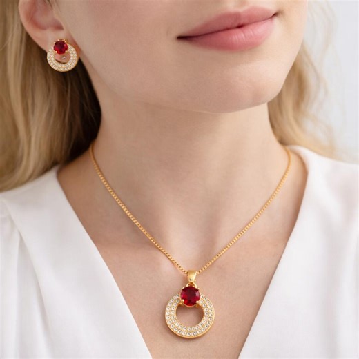 Rose Gold Ruby Red Circle Pendant Necklace & Stud Earrings Set | Bridal Diamond Look Jewelry | - Etsy