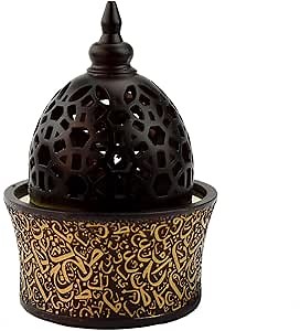 Calligraphy Style Closed Resin Charcoal Incense Burner – Arabian Bakhoor Burner with Metal Tray and Removable Lid for Yoga, Aromatherapy, Home, Office, and Bedroom Decor – 8 in, Brown