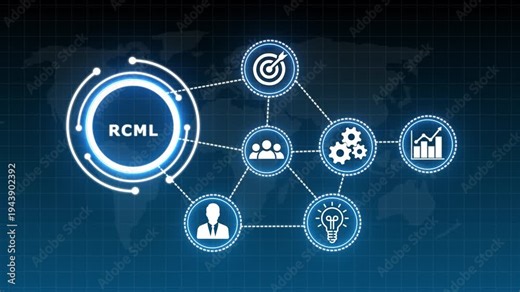 RCML Business Strategy Concept with Global Network and Icons, business Concept Network Diagram with Icons on World Map Background,Business, Technology, Internet and network concept .4k