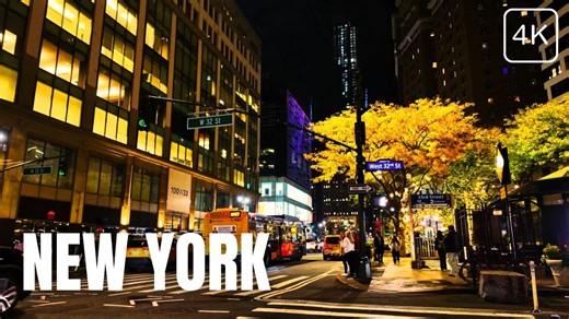 [4K] NYC Night Walk | 6th Avenue & Greeley Square (No Talking, Real Sounds)