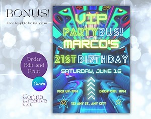 Neon Party Bus 21st Birthday Invitation: Editable Limo Theme (Digital Download)