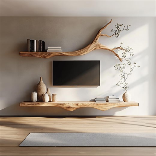 Rustic Floating TV Stand: Solid Wood Media Console With Tree Branch Shelf - Etsy