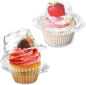 50 Pcs Cupcake Boxes Plastic Individual Cupcake Containers Single Cupcake Carrier with Connected Airtight Dome Lid for Party