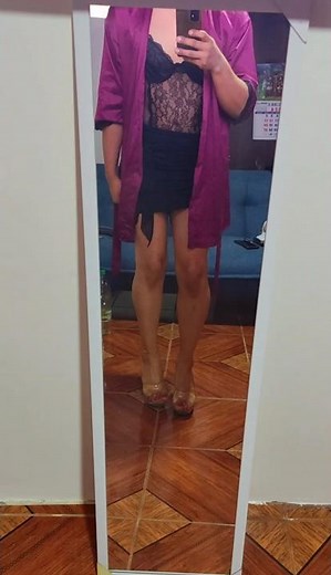 Crossdresser black bodysuit with mini skirt and mules high heels #heels #legs #feet #viral #shorts