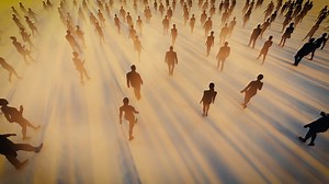 Download Aerial View of 3D Silhouette Group of People Walking into the Mist for free