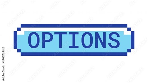 Options retro pixel button animation. Customizable settings. Adjust preferences. Configuration tool. User controls. Animated 8-bit arcade-style CTA overlay. Classic game-inspired UI call-to-action