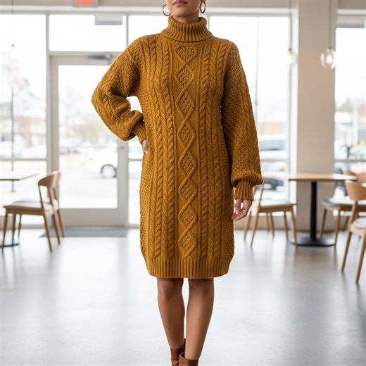 Mustard Sweater Dress Crochet Pattern PDF, Oversized Cable Knit Dress Tutorial, DIY Turtleneck Jumper Dress - Etsy
