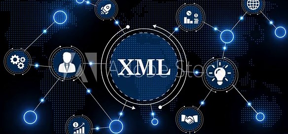 xml file format visualization with business innovation symbols. advanced cybernetic screen with coding and parsing icons. strategic file transfer interface with connected nodes.