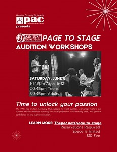 Are you looking to brush up on your skills before our 2024-2025 auditions this June? We have you covered with our Page to Stage audtion workshops. These workshops will focus on vocal projection, cold reading skills, and general confidence in any audition situation. Worksops will be Saturday, June 8, 2024 1:00pm-1:45pm for Ages 6-12, 2:00pm-2:45pm for Teens, and 3:00pm-3:45pm for Adults. Find out more by following the link below. https://thepac.net/2023-2024-pac-auditions/ | HCS PAC