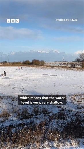 Skaters have flocked to the flooded fields of The Fens to try out their blades on the ice ❄️ ⛸️ Competitive skating began in the watery landscape in 1879 and since then it has become a magnet for lovers of "natural ice", including members of the British ice skating team. Read more in the comments below ⬇️ | BBC Cambridgeshire