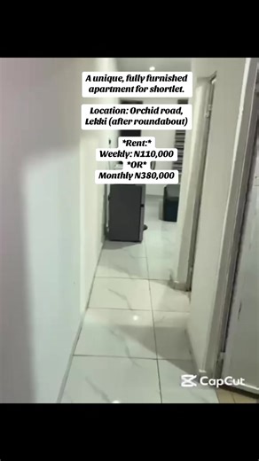 JUST OUT!!! A unique, fully furnished apartment for shortlet. Location: Orchid road, Lekki (after roundabout) *Amenities* - AC - ⁠Fridge - ⁠Microwave - ⁠Toaster - ⁠Rechargeable fan (18 hrs battery life) - ⁠worktable for laptops and books. - ⁠Backup Generator - ⁠Smart TV with Netflix. - Pressing Iron, big mirror etc. - 90 percent of everything in the house is brand new. *Rent:* Weekly: N110,000 *OR* Monthly N380,000 Caution N50,000 *Note:* - You buy petrol whenever you want to use the generator.